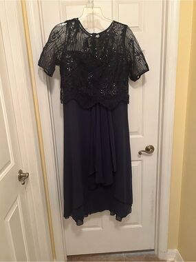 Navy Blue Embellished Midi Dress with Sheer Lace Overlay